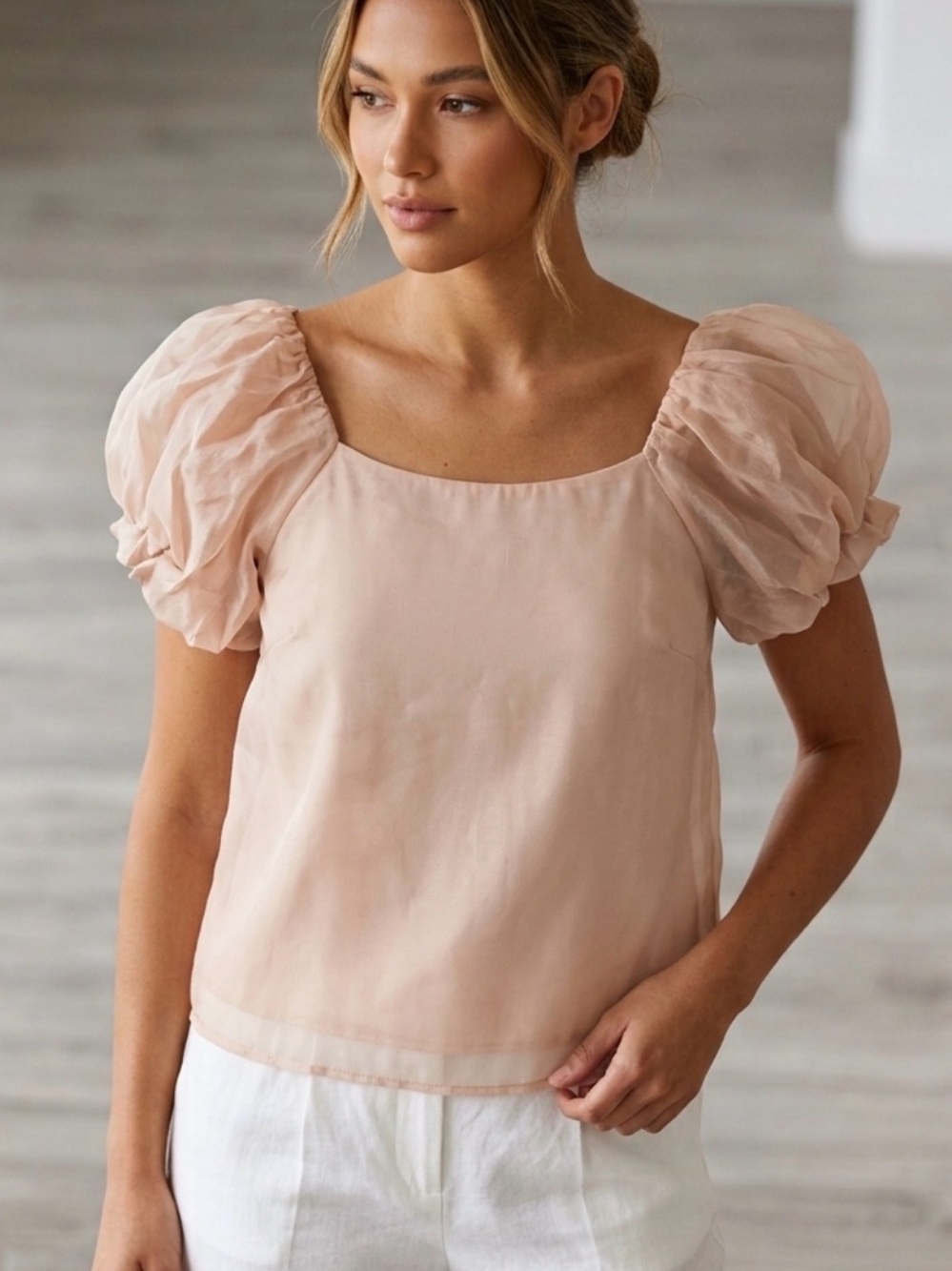 Women's Square-Neck Puff Sleeve Blouse in Blush